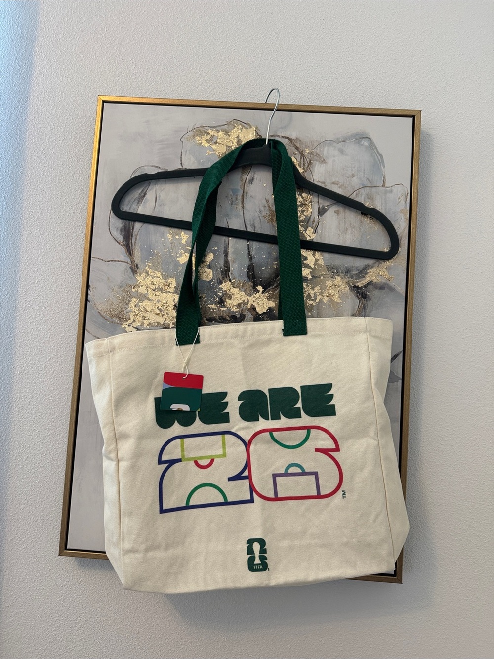 Cream Canvas Tote with Dark Green Handles and Colorful Graphic fifa 2026